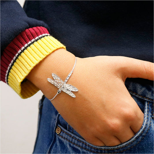 Italian Sterling Silver Adjustable Dragonfly Charm Slider Bracelet