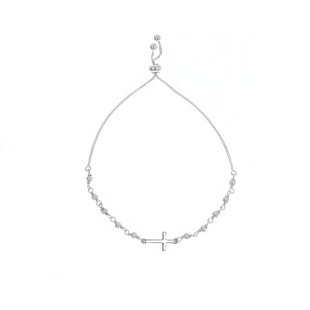 Italian Solid Sterling Silver Adjustable Rosary Cross Bracelet