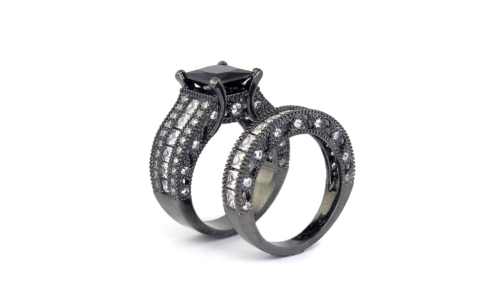 Black Rhodium Plated Bridal Ring and Band Set – Princess Cut
