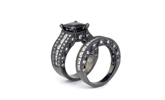 Black Rhodium Plated Bridal Ring and Band Set – Princess Cut