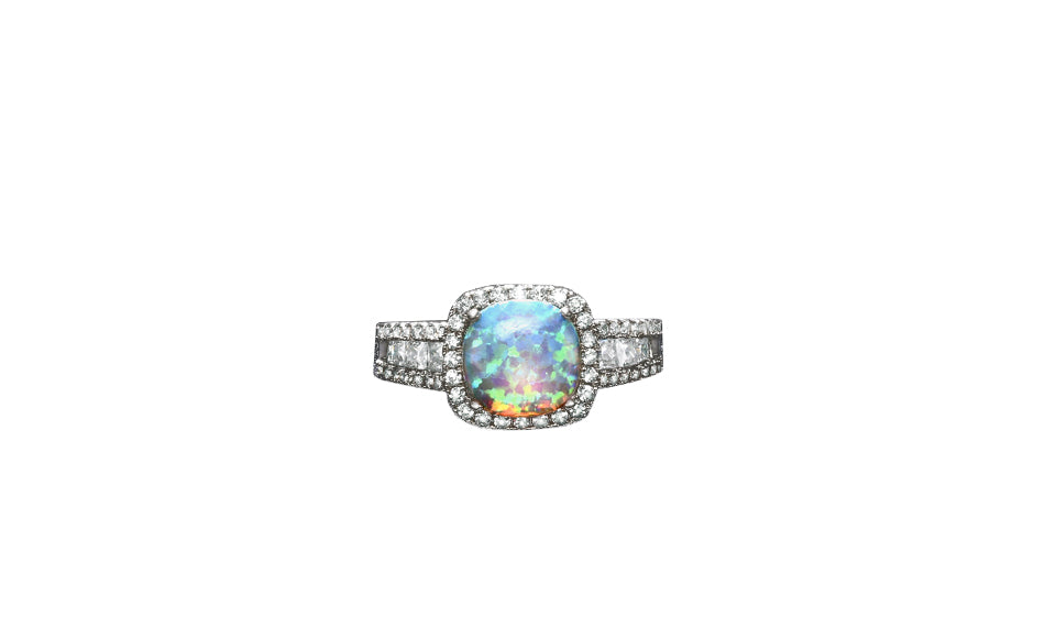 White Fire Opal Cushion Cut Halo Ring