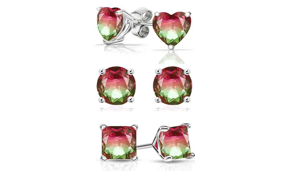 Sterling Silver Watermelon Tourmaline Stud Earrings – Round, Princess, or Heart Cut