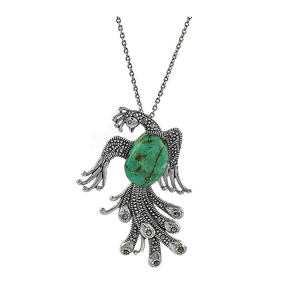 Genuine Turquoise and Marcasite Sterling Silver Animal Necklace