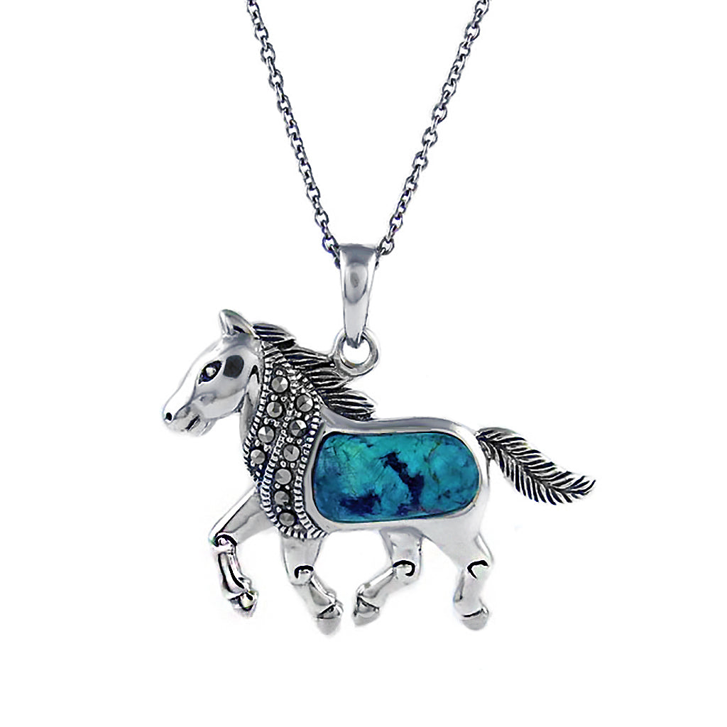 Genuine Turquoise and Marcasite Sterling Silver Animal Necklace