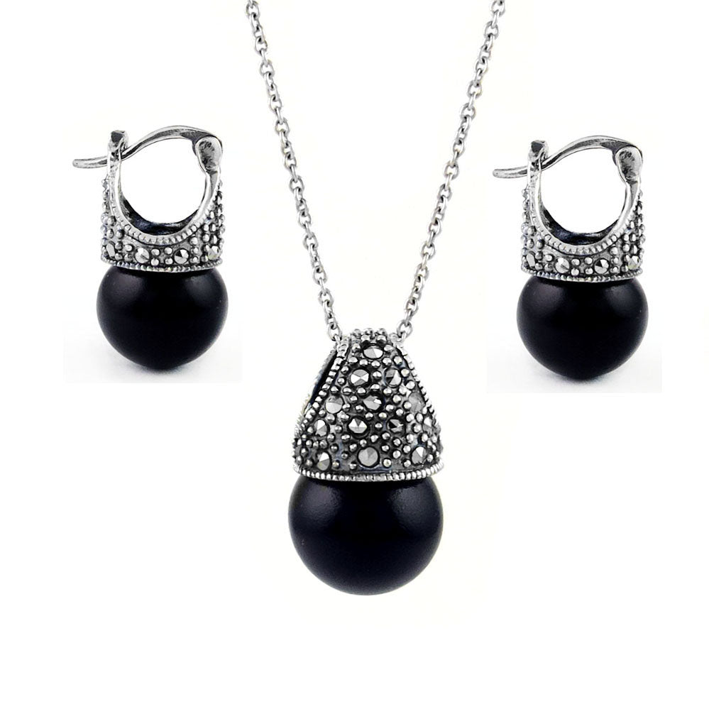 Genuine Marcasite And Pearl Sterling Silver Earring And Necklace Set