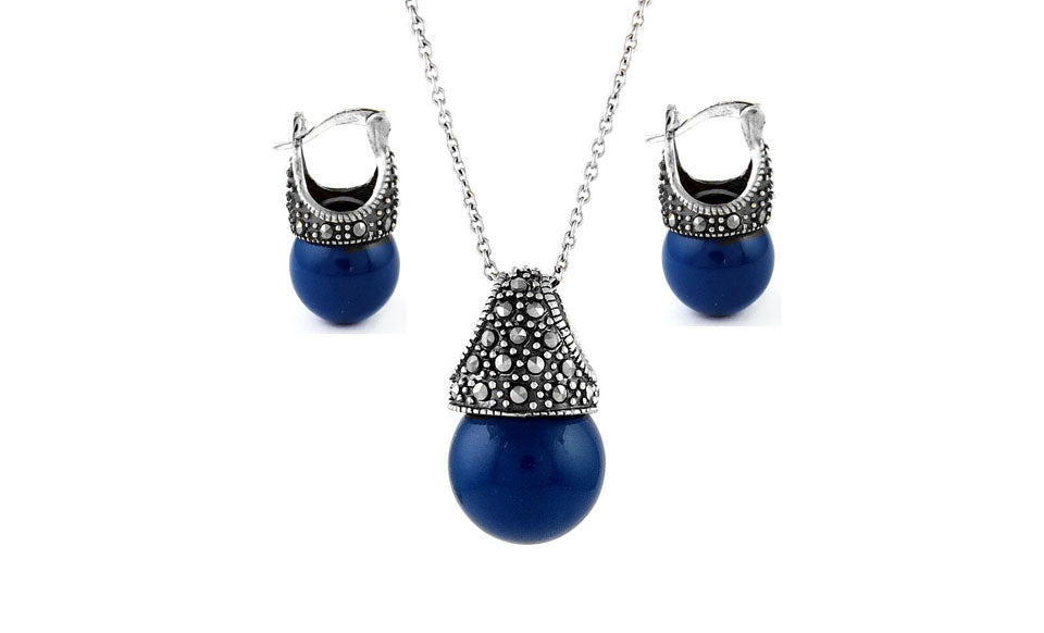 Genuine Marcasite And Pearl Sterling Silver Earring And Necklace Set