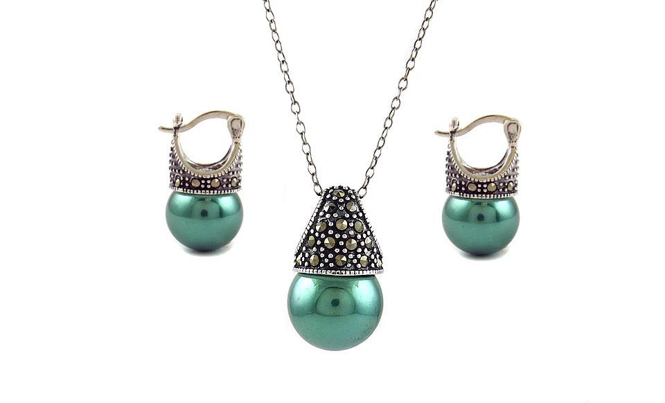 Genuine Marcasite And Pearl Sterling Silver Earring And Necklace Set