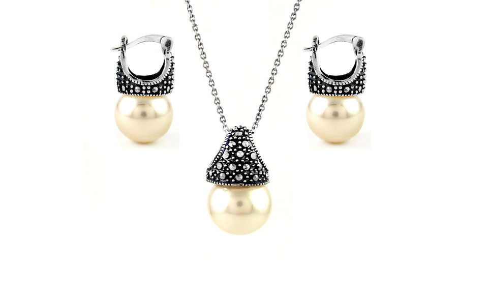 Genuine Marcasite And Pearl Sterling Silver Earring And Necklace Set
