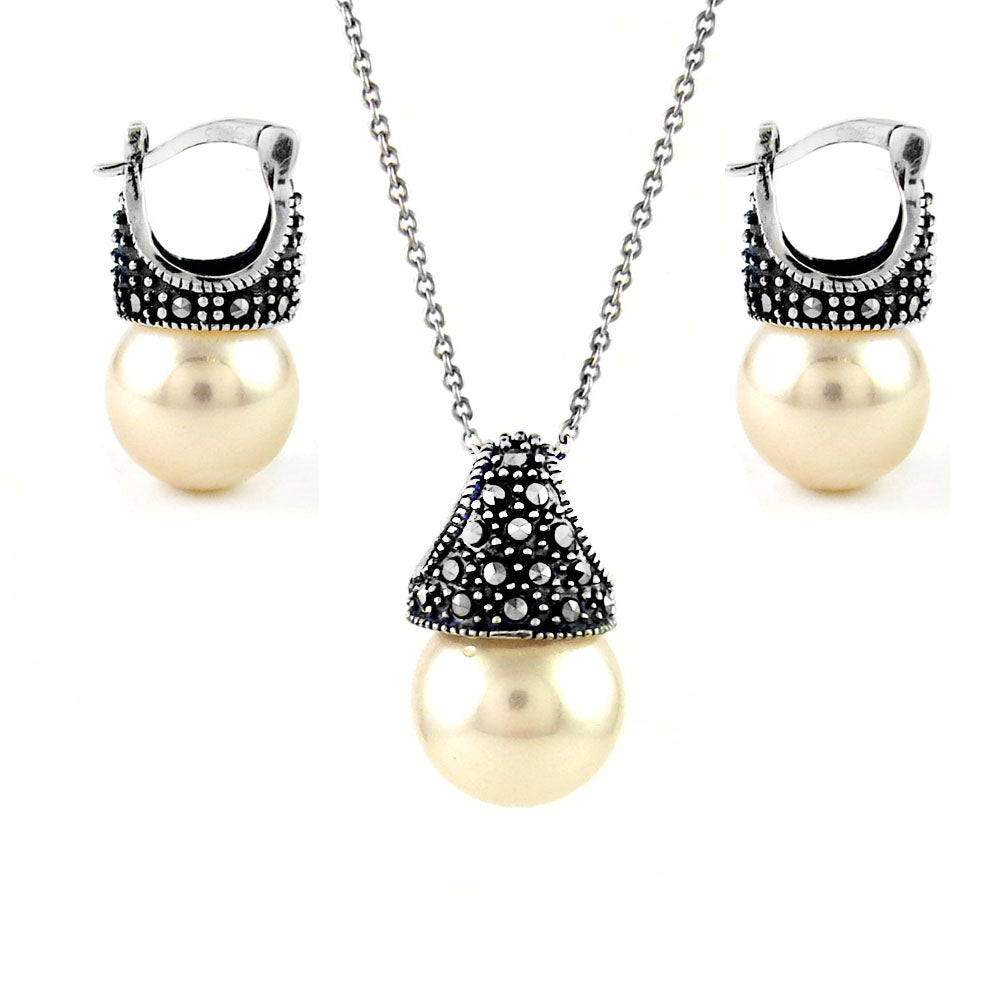 Genuine Marcasite And Pearl Sterling Silver Earring And Necklace Set