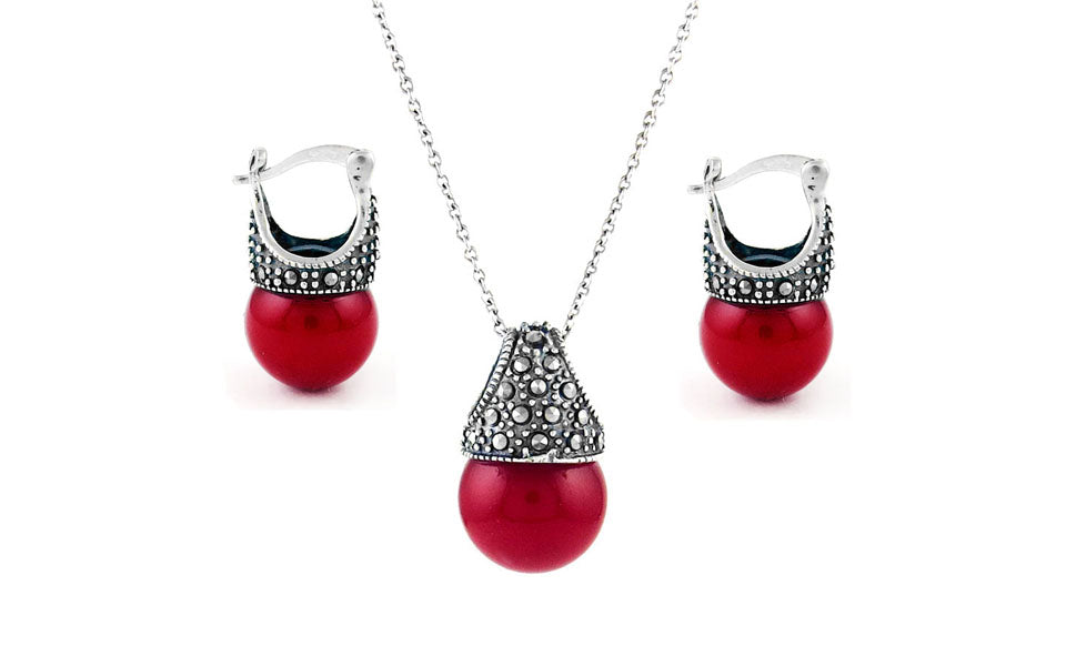 Genuine Marcasite And Pearl Sterling Silver Earring And Necklace Set