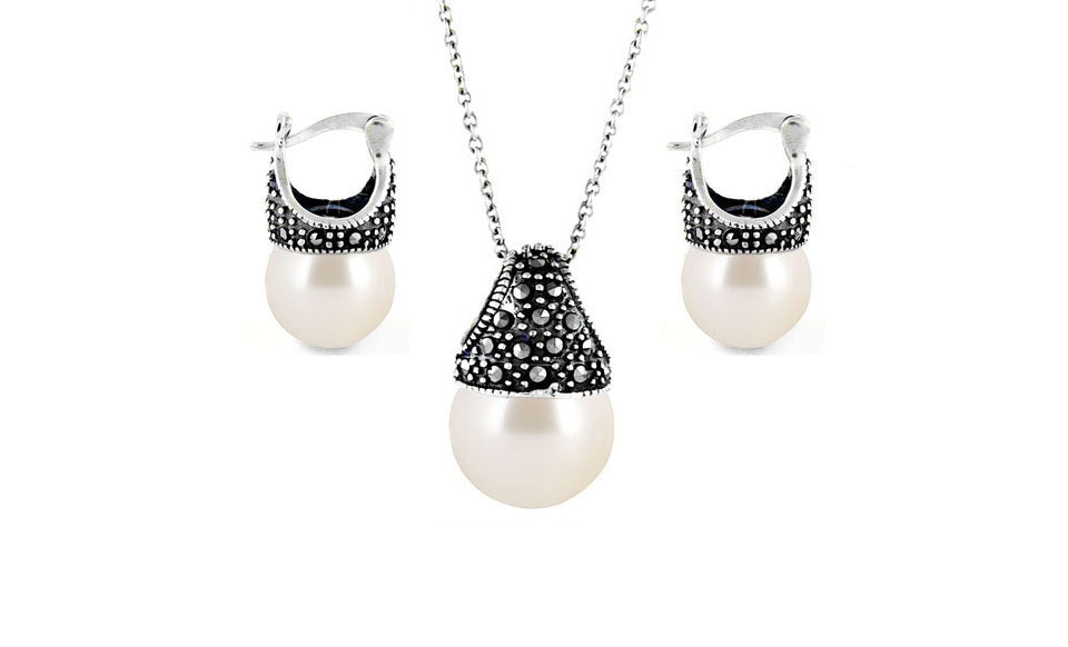 Genuine Marcasite And Pearl Sterling Silver Earring And Necklace Set