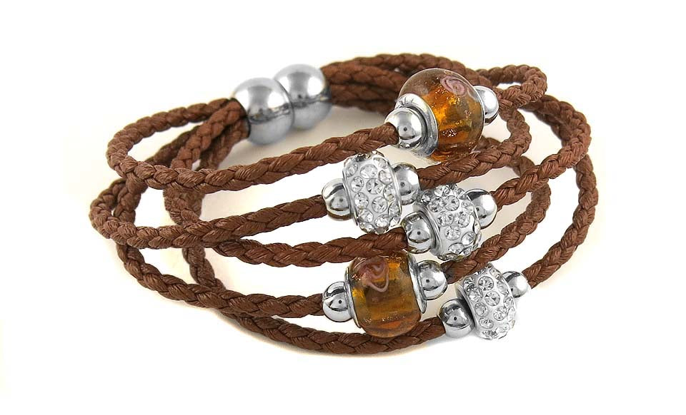 Braided Leather Bracelet with Murano Beads and Austrian Crystals