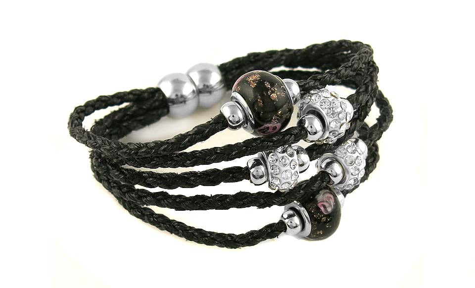 Braided Leather Bracelet with Murano Beads and Austrian Crystals