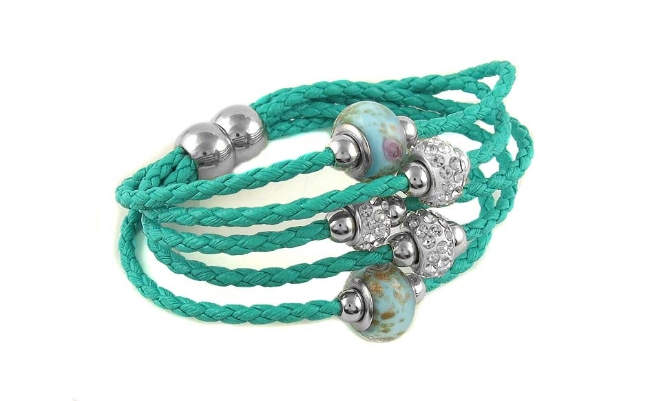 Braided Leather Bracelet with Murano Beads and Austrian Crystals