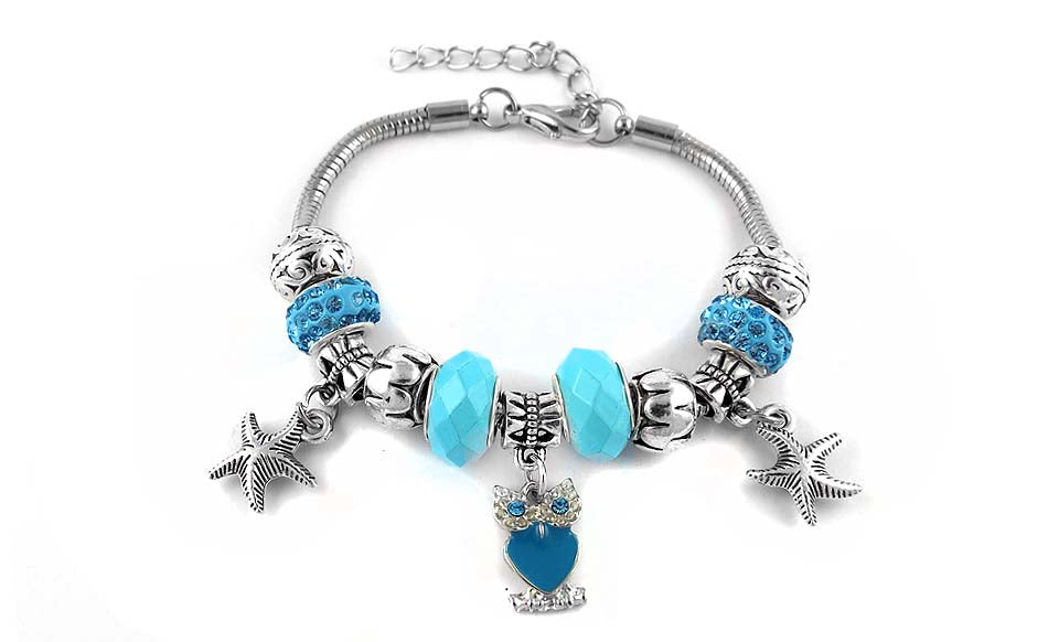 Murano Bead Bracelet With Owl Charm and Austrian Crystals