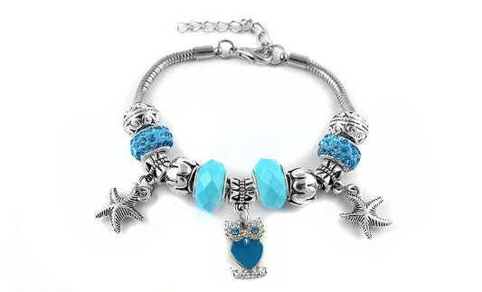 Murano Bead Bracelet With Owl Charm and Austrian Crystals