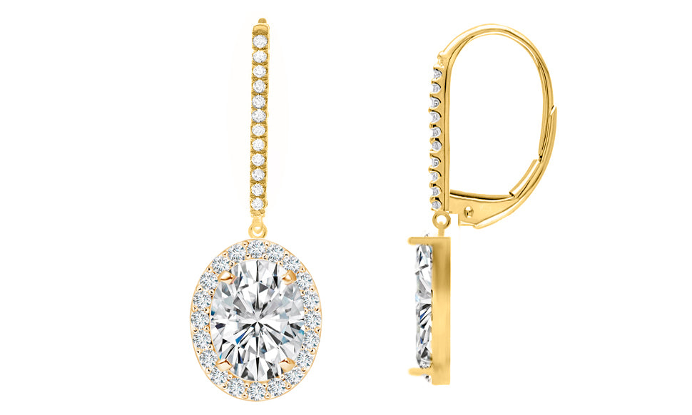 Oval Cut Crystal Halo Leverback Earrings – Gold, or Rose Gold Plated