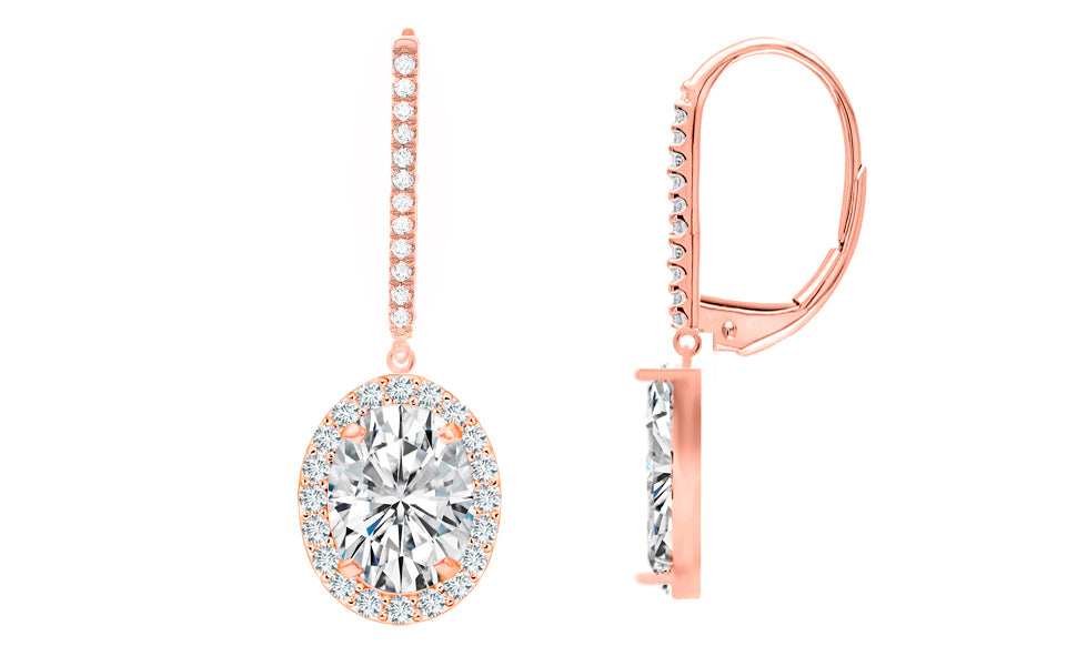 Oval Cut Crystal Halo Leverback Earrings – Gold, or Rose Gold Plated
