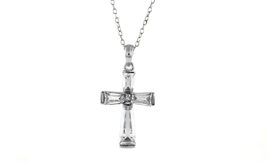 Sterling Silver Emerald Cut Cubic Zirconia Cross Necklace