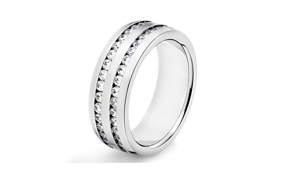 Unisex 2 Row Cubic Zirconia Stainless Steel Eternity Band