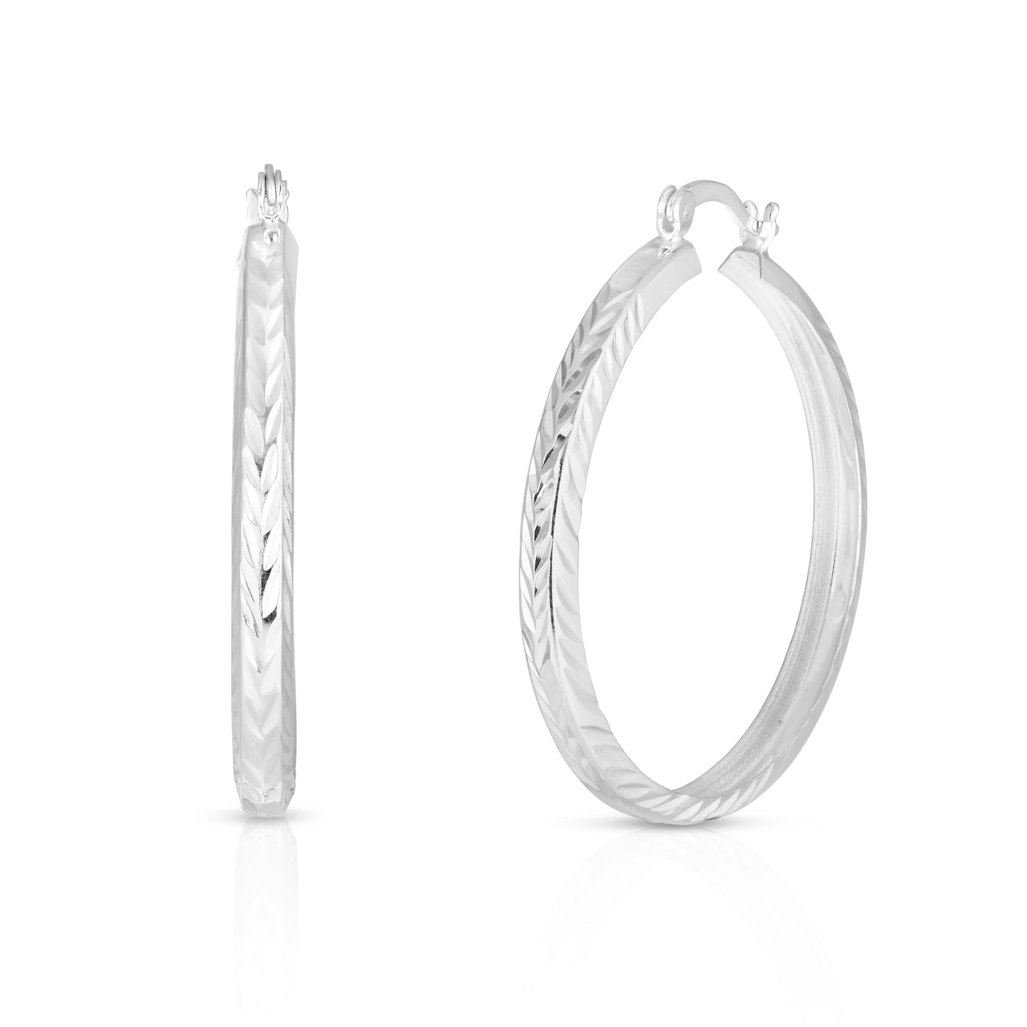 Sterling Silver Etched Diamond Cut Bangle Hoops