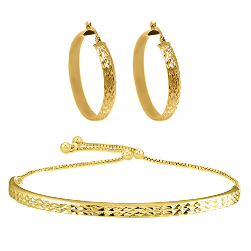Sterling Silver Diamond Cut Adjustable Bangle Bracelet and Diamond Cut Hoop Earrings Set (Color Options Available)