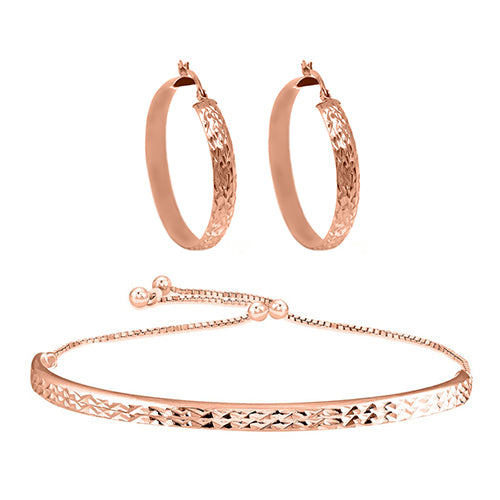 Sterling Silver Diamond Cut Adjustable Bangle Bracelet and Diamond Cut Hoop Earrings Set (Color Options Available)