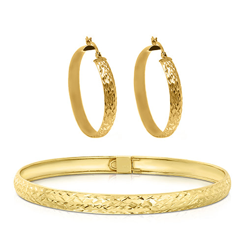 Sterling Silver Diamond Cut Bangle and Hoop Earrings (3 Color Options)