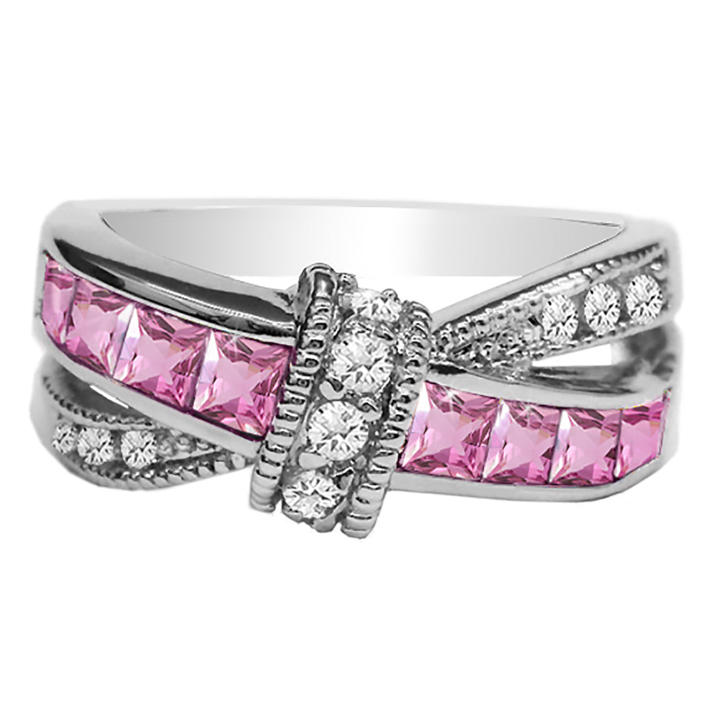 Criss-Cross Ring with Cubic Zirconia in Rhodium Plating