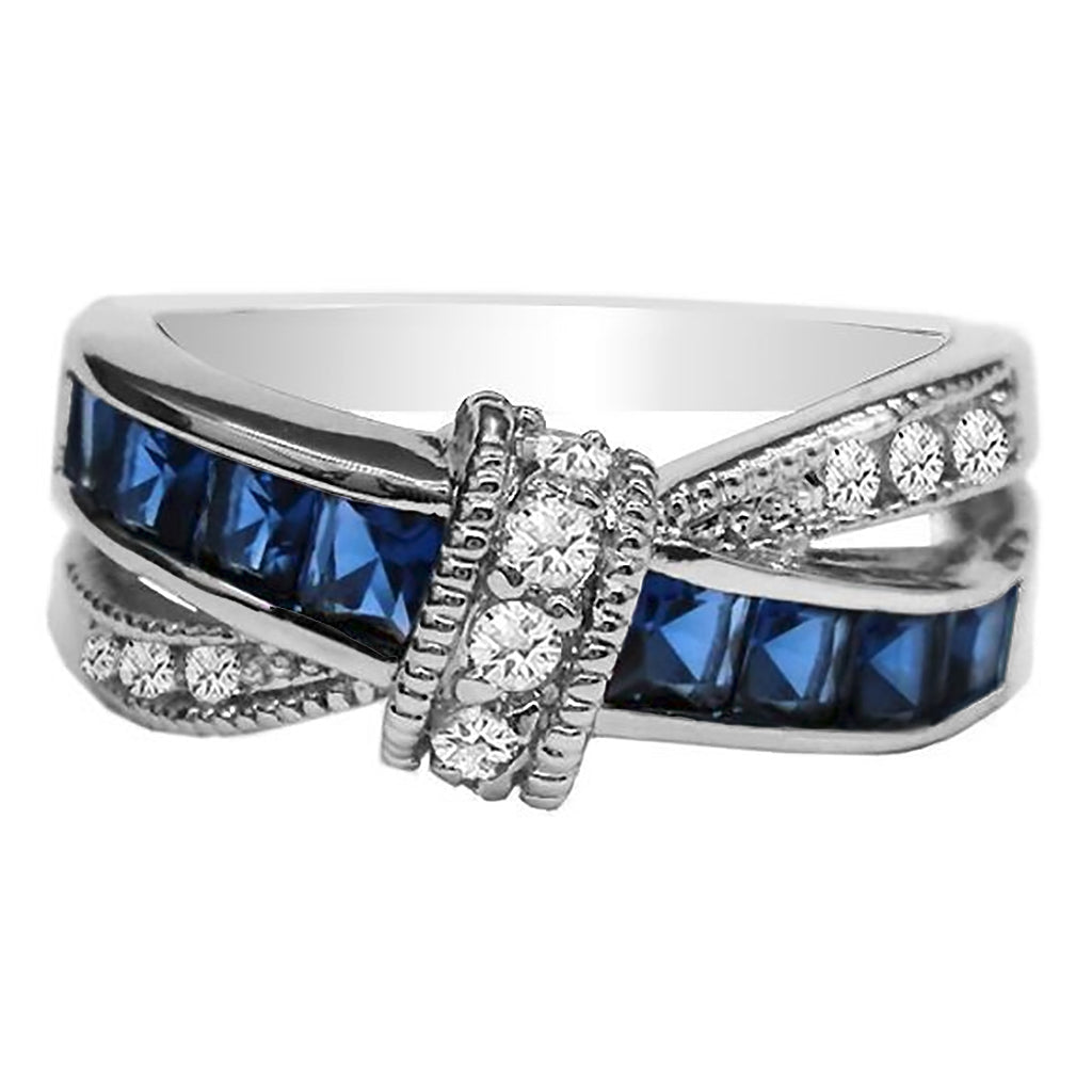 Criss-Cross Ring with Cubic Zirconia in Rhodium Plating
