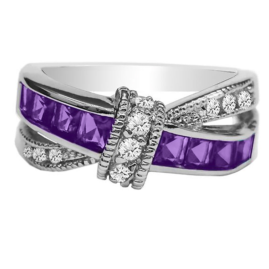 Criss-Cross Ring with Cubic Zirconia in Rhodium Plating
