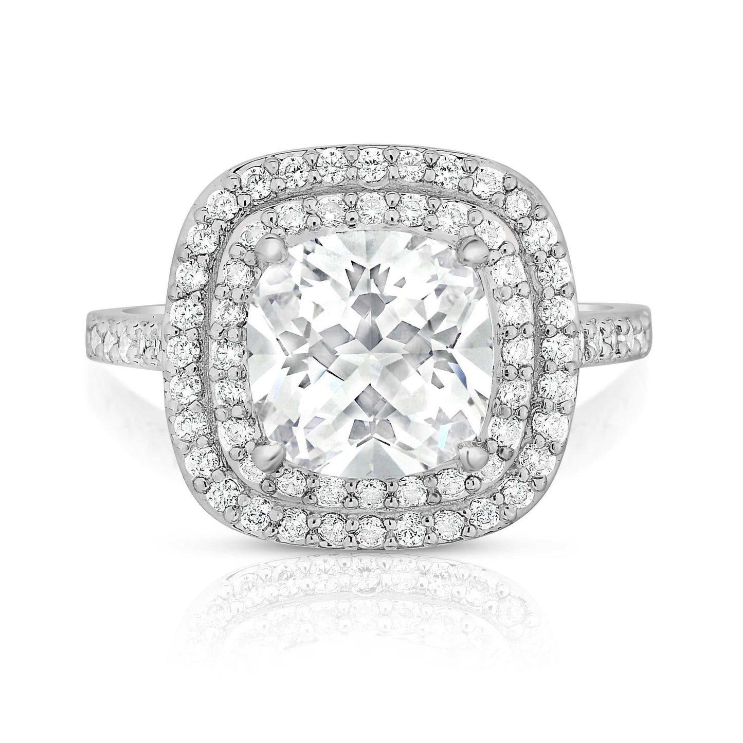 Pavé Halo Ring with Cubic Zirconia in Rhodium Plating