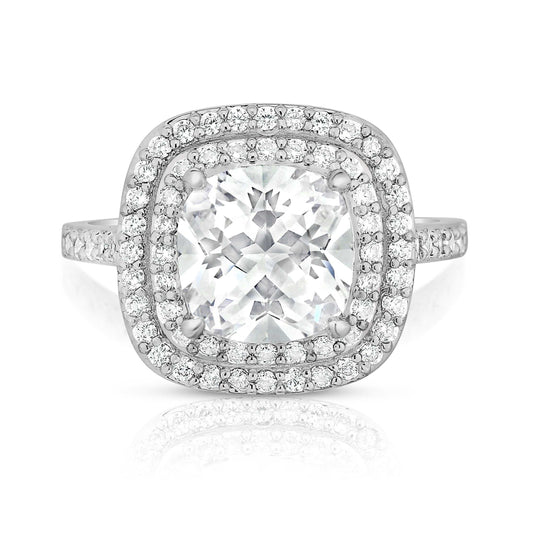 Pavé Halo Ring with Cubic Zirconia in Rhodium Plating