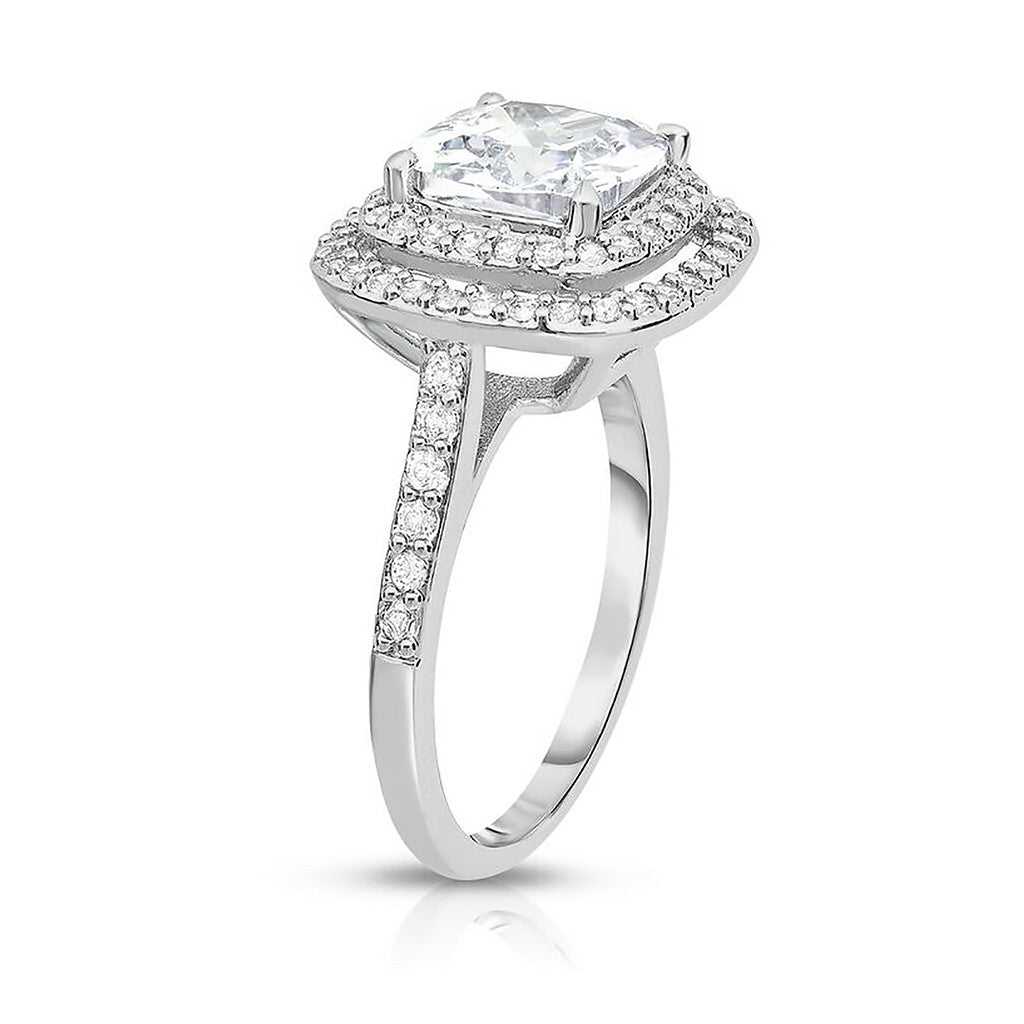 Pavé Halo Ring with Cubic Zirconia in Rhodium Plating