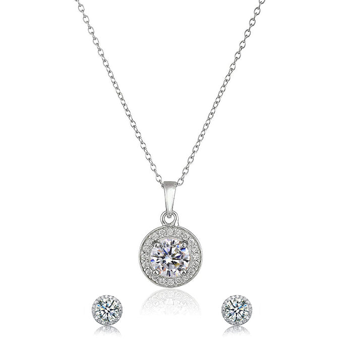 Sterling Silver Halo Round Cut CZ Earring and Pendant Set (Color Options Available)