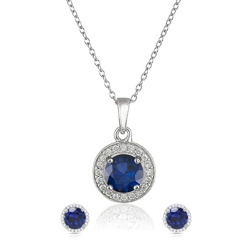 Sterling Silver Halo Round Cut CZ Earring and Pendant Set (Color Options Available)