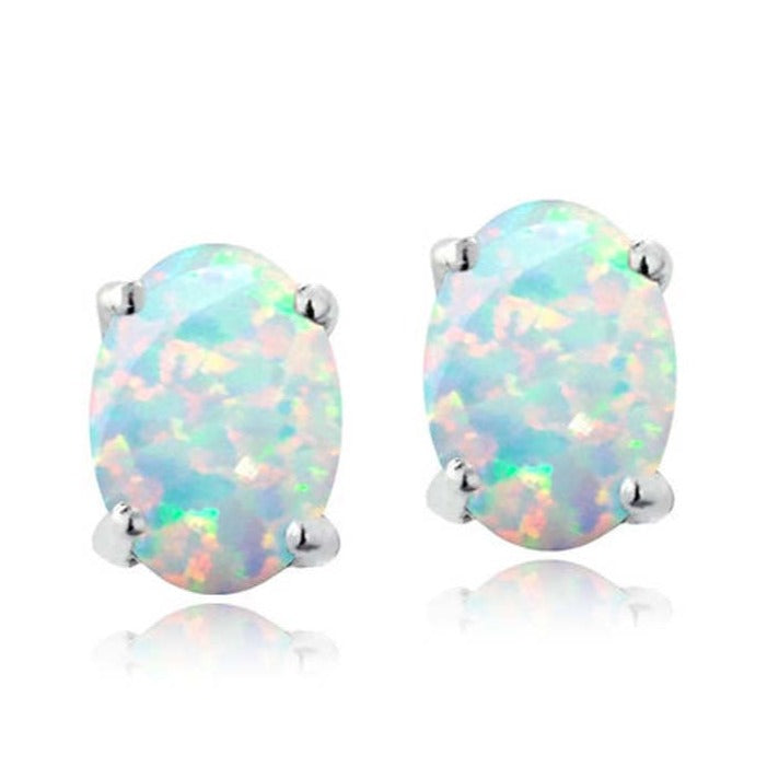 White Ethiopian Opal Oval Cut Stud Earrings in Sterling Silver