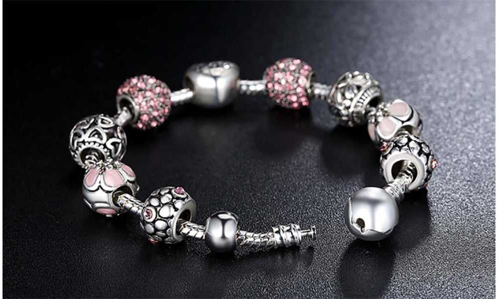 Pink Crystal "LOVE" Heart Charm Bracelet