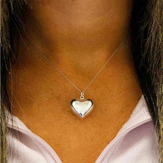 Italian Sterling Silver Puffed Heart Necklace On Neck