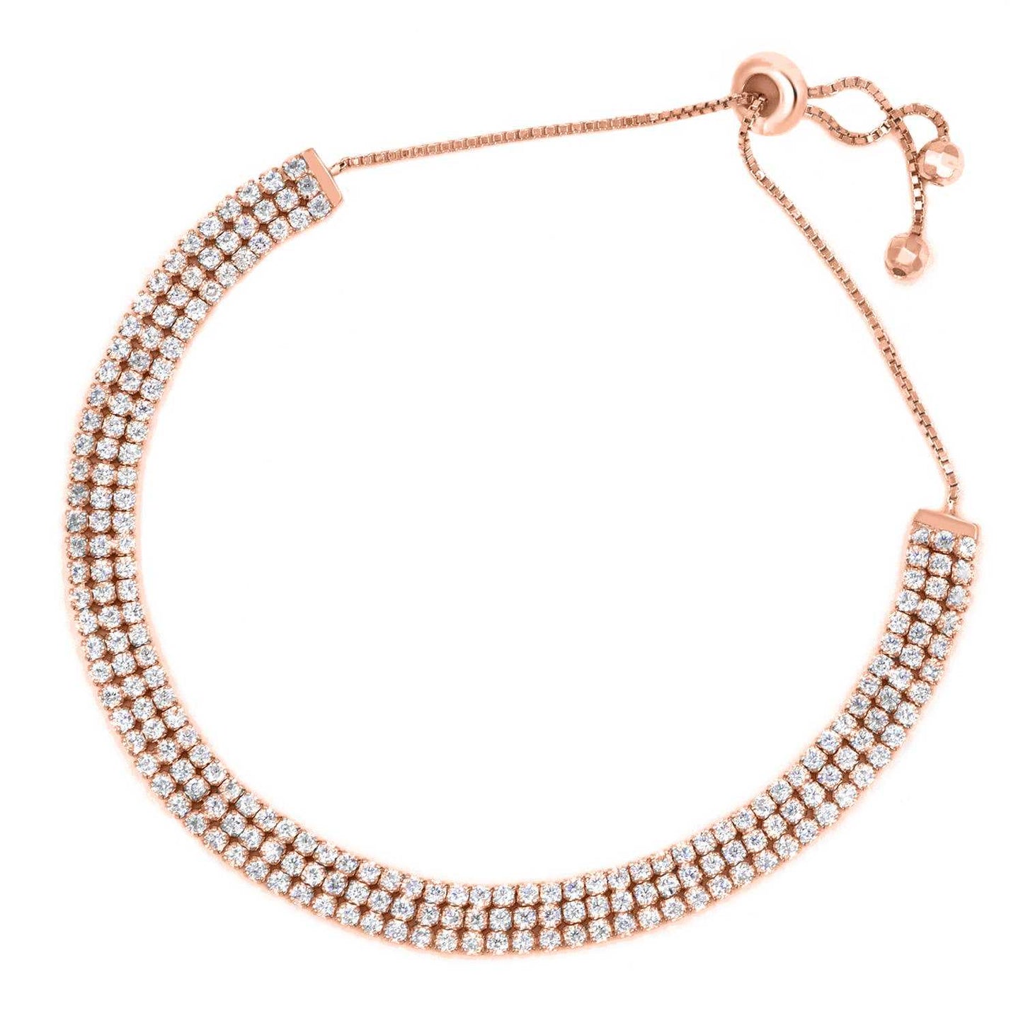 3 Row Round Cut Adjustable Rose Gold Crystal Tennis Bracelet