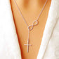 Rose Gold Italian Made Solid Sterling Silver Infinity Cross Lariat Necklace On Neck