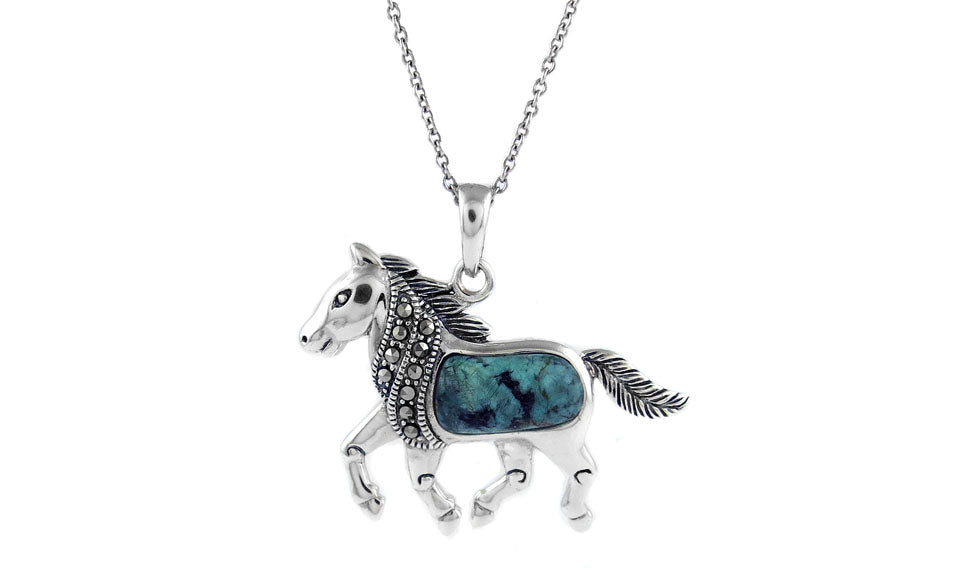 Genuine Turquoise and Marcasite Sterling Silver Horse Necklace