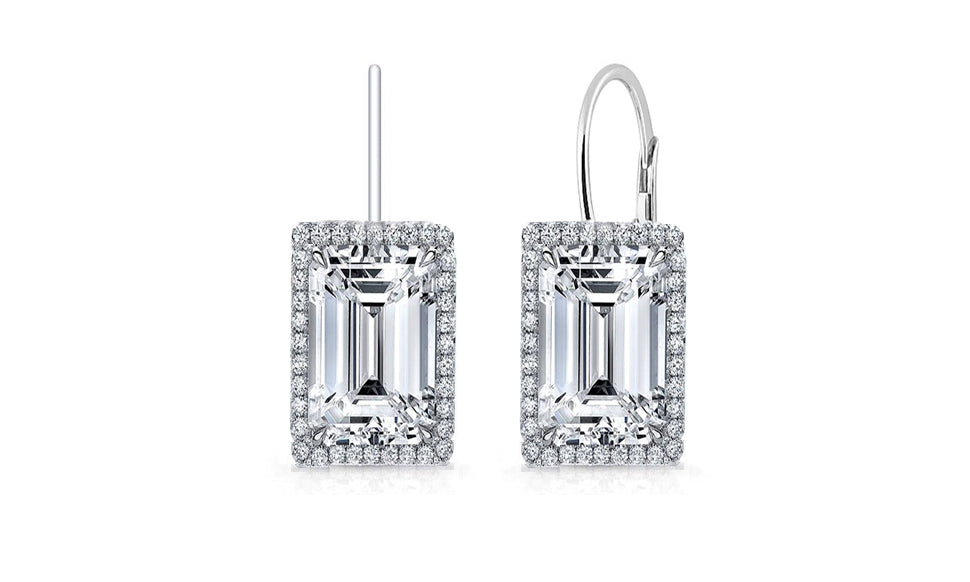 Silver Emerald Cut Crystal Leverback Earrings