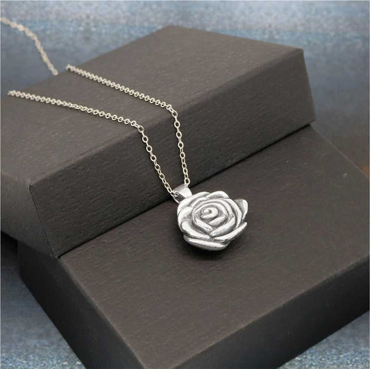 Sterling Silver Artisan Rose Flower Necklace On Box Display