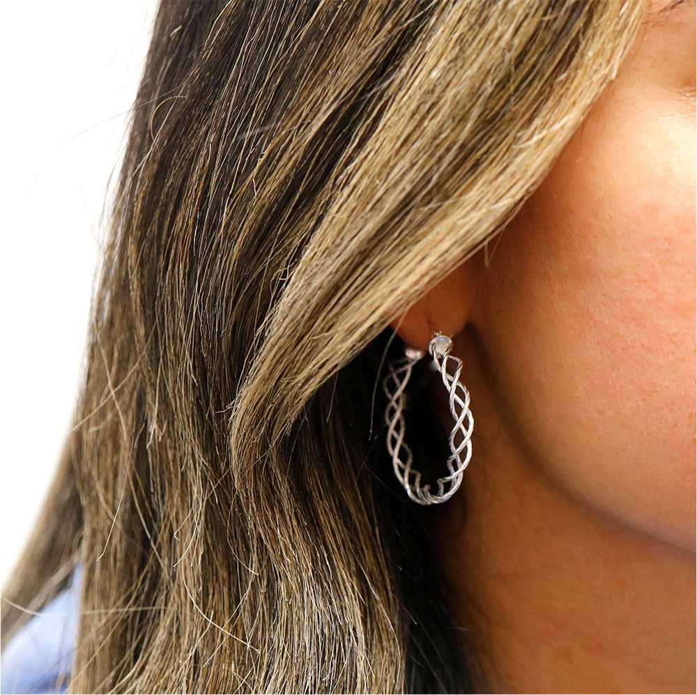 Italian Sterling Silver Braided French Lock Hoop Earrings On Ear