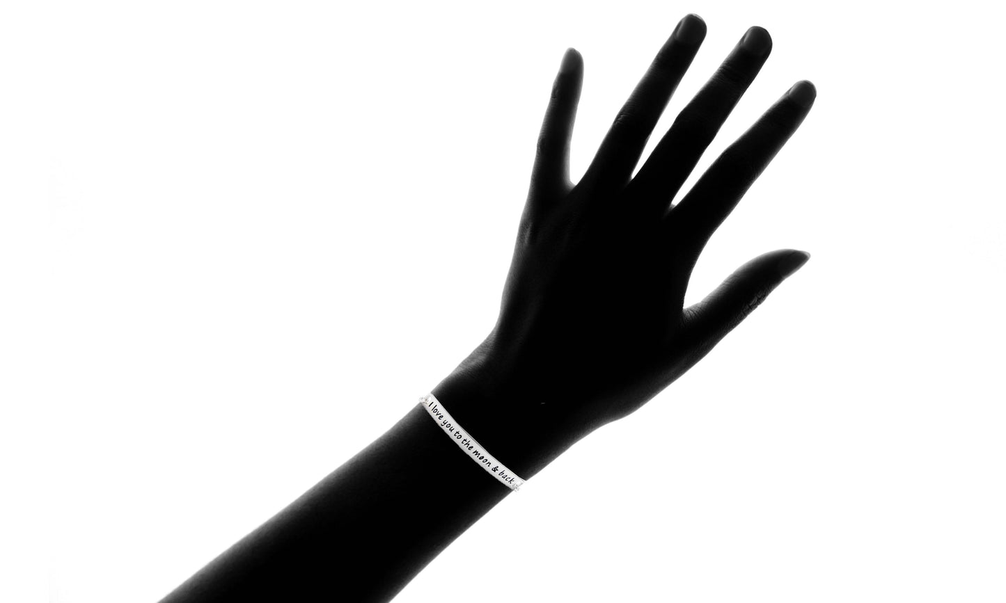 Adjustable "I Love You to the Moon & Back" Sterling Silver Bracelet On Silhouette Hand