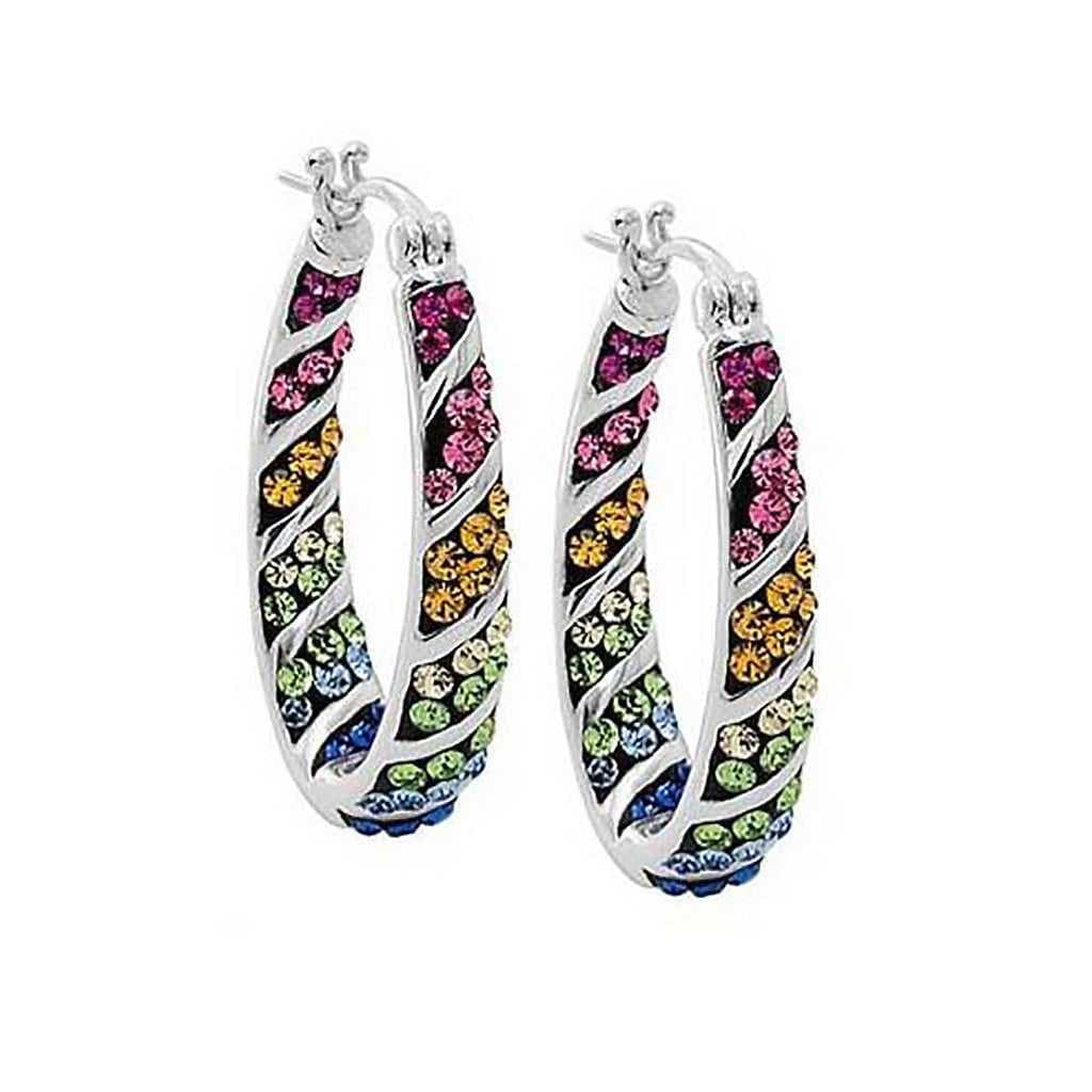 Silver Graduated Multi-color Crystal Hoop Earrings