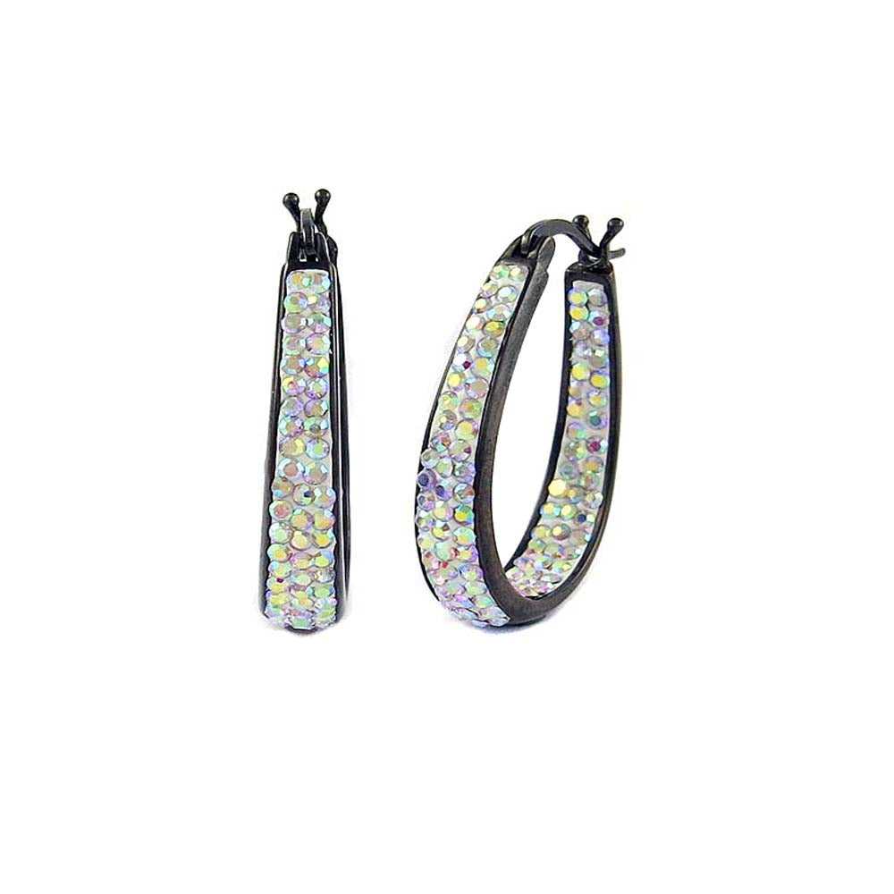 Black Rhodium Plated Graduated Aurora Borealis Crystal Hoop Earring