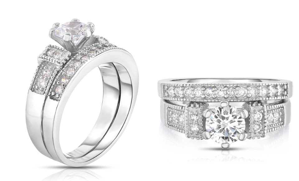 Sterling Silver Cubic Zirconia Bridal Ring and Band Set Side And Top View