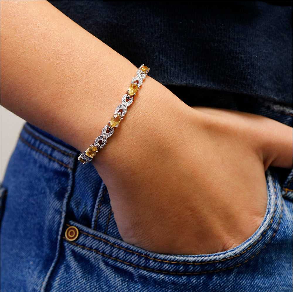 Genuine Citrine Gemstone And Diamond Accent Infinity Bracelet On Wrist